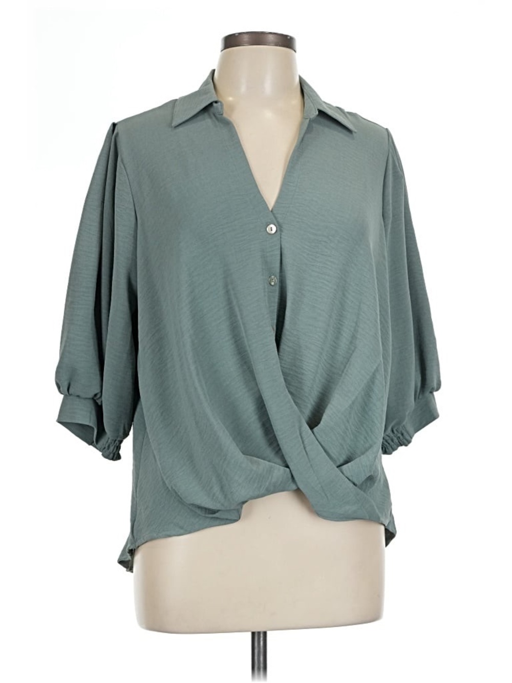 Chenault Sage Green Draped Surplice Blouse with Bishop Sleeves L